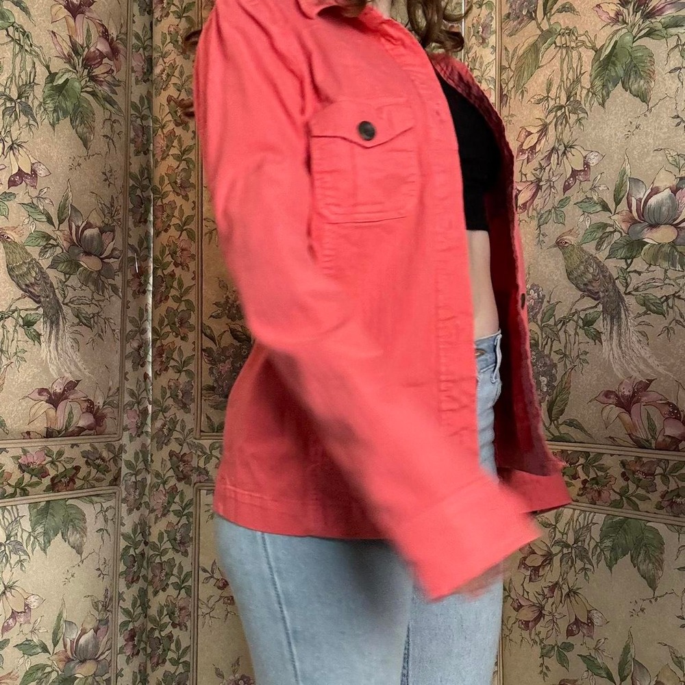 Gap Women Coral Pink Stretchy Denim Utility Jacket Button Front Size Small